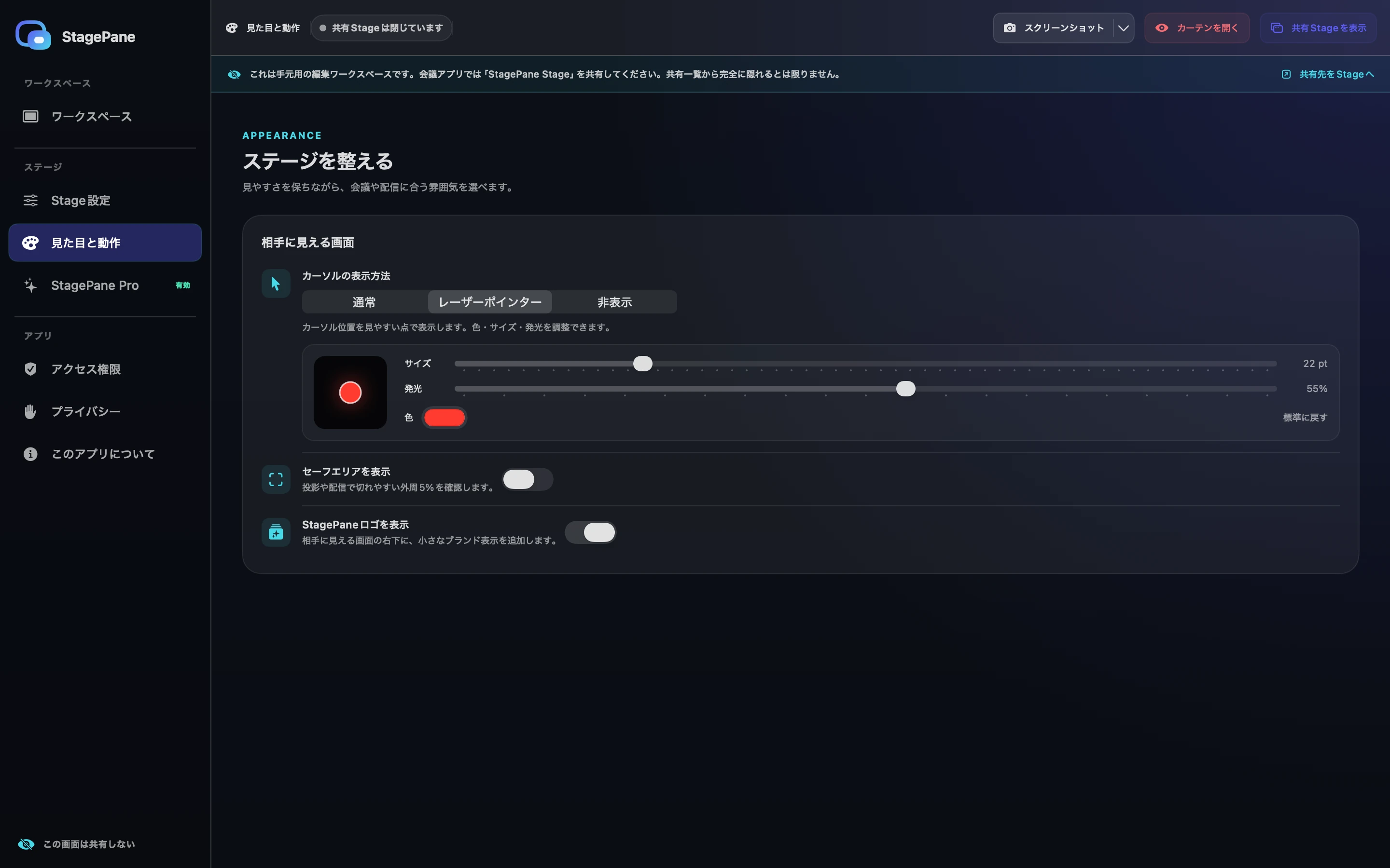 レーザーポインターの色・大きさ・発光、セーフエリア、StagePaneロゴを調整する外観画面